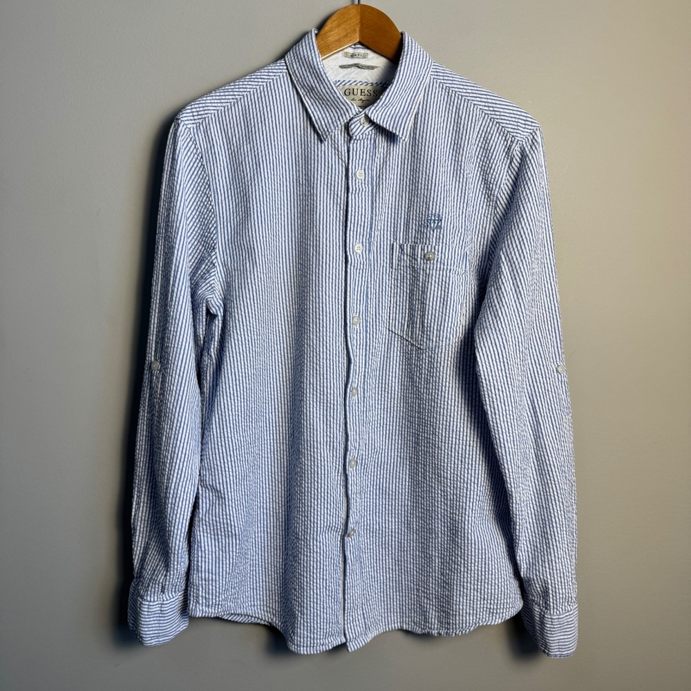 Mens Guess Slim Fit Seersucker Stripe Long Sleeve‎ Button Up Shirt Blue White L